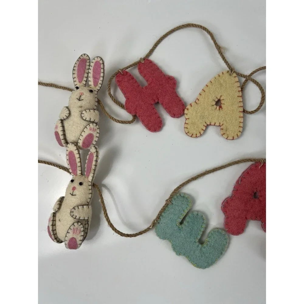 Happy Easter Bunny Garland Rabbits Bunnies Spring Felt Wool Banner Decoration